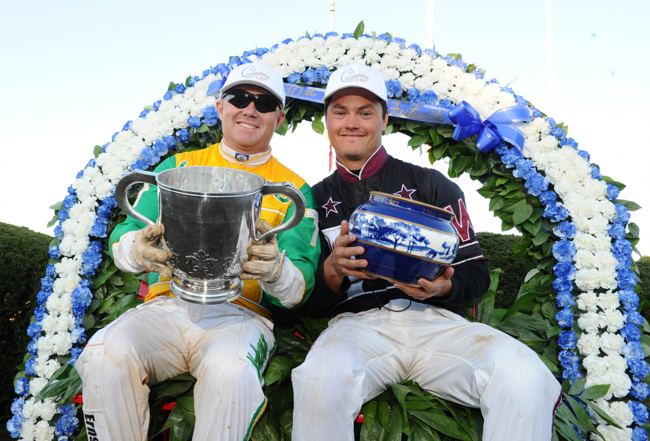 Lucas Wallin och Tim Tetrick efter segern i Kentucky Futurity tidigare i år. Foto: Adam Ström/stalltz.se