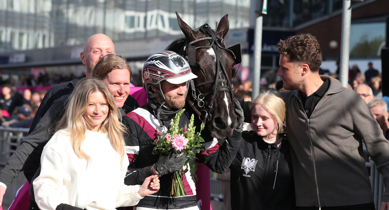 Savastano och kretsen kring hästen efter den imponerade segern i bronsfinalen på 1.10,1/2.140a på Solvalla i maj. Foto Mathias Hedlund/Sulkysport