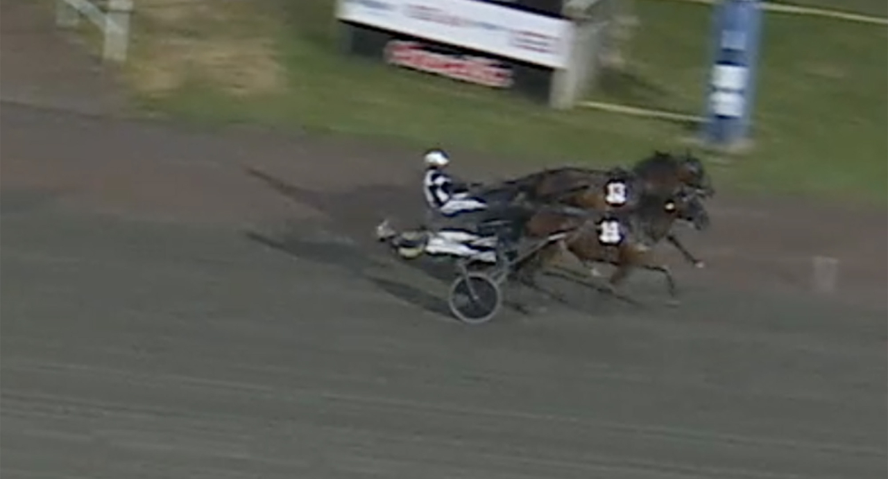 Invändige Bourbon Brodde och Kaxig In gick inte att skilja åt i Axevalla Maraton över drygt fyra kilometer. Skärmbild ATG Live