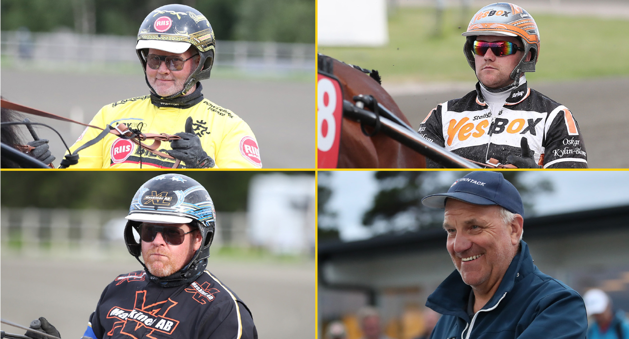 Fyra av förgrundsfigurerna i Svenskt Kallblodskriterium och Kriteriestoet på Dannero på söndag: Öystein Tjomsland, Oskar Kylin Blom, Jan Ove Olsen och Jan-Olov Persson. Foto Mathias Hedlund/Sulkysport